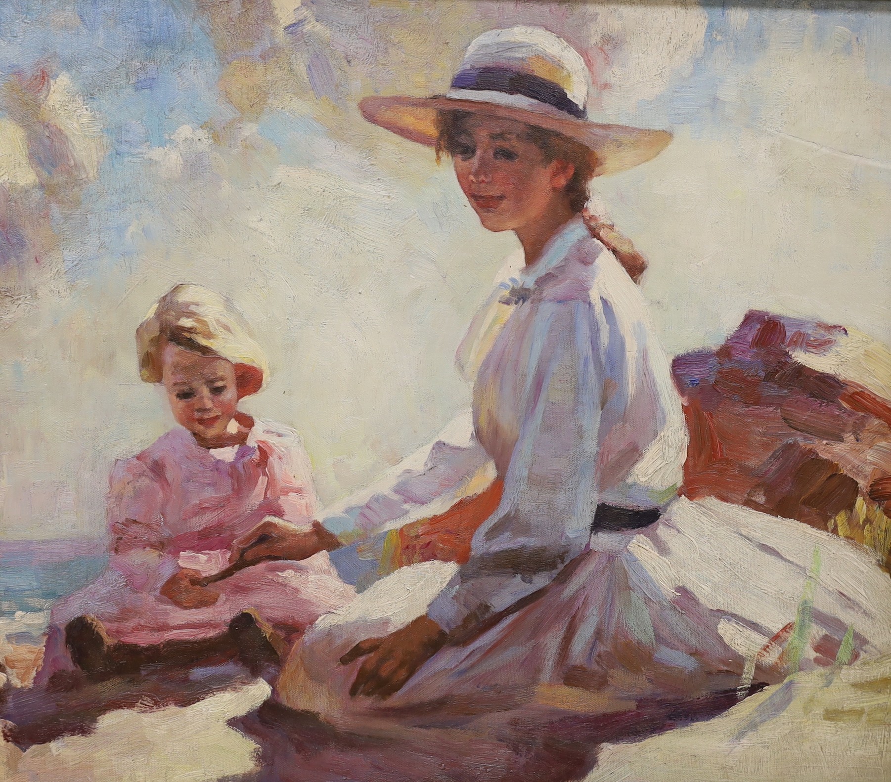 After Dame Laura Knight, oil on board, mother and daughter, 51x61cm